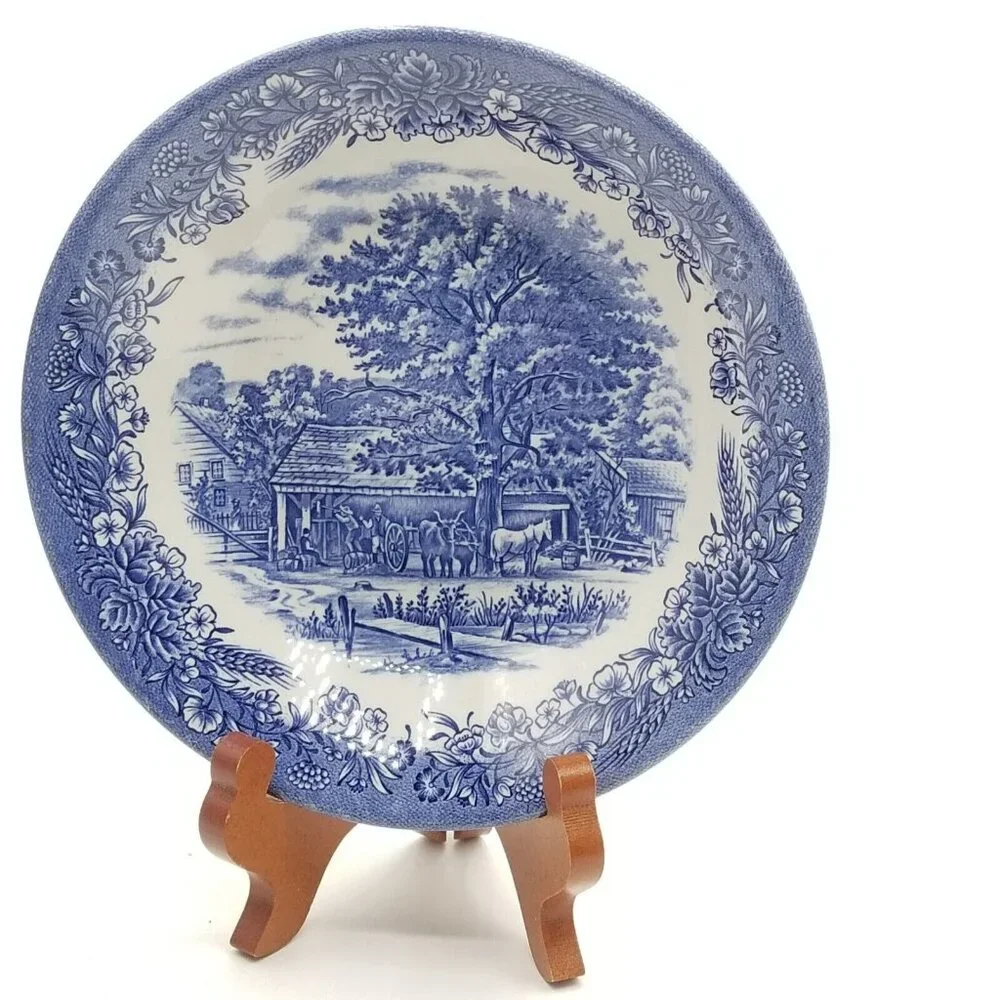 Lot Of 3 Churchill England Soup Bowls 7.75” Farm Scene‎ Horse Oxen Blue Floral